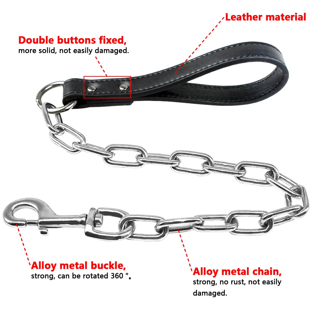 Durable Dog Chain Leash with Leather Handle – Heavy Duty Chrome Steel Pet Lead for Small & Large Dogs
