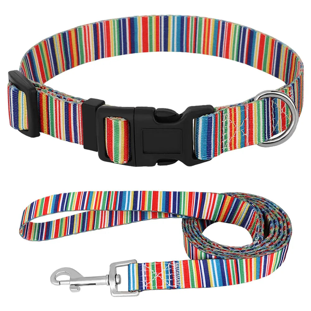 Cute Puppy Dog Collar & Leash Set – Adjustable Printed Nylon Collar with Matching Lead for Small Dogs & Cats (Flower/Bone/Striped Prints)