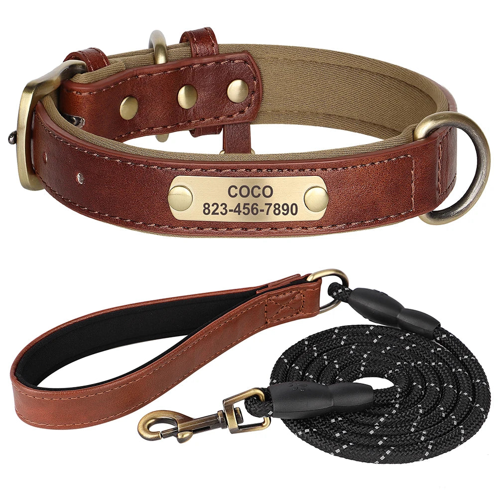 ✨ Personalized Dog Collar & Leash Set – Custom Engraved PU Leather for Small to Large Dogs (Pitbull-Friendly!)