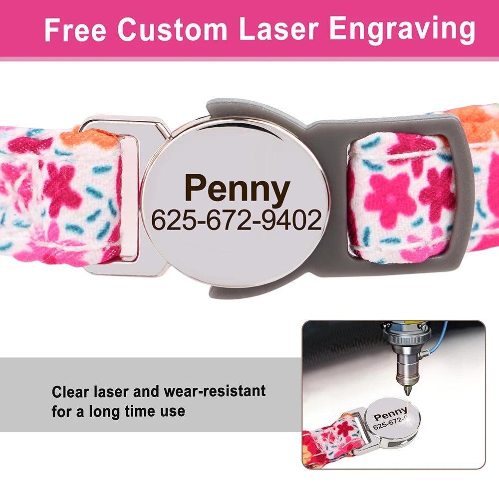 Personalized Cat/Puppy Collar with Engraved Nameplate & Bell – Adjustable Floral Design (Blue, Green, Pink, Red, Rose)