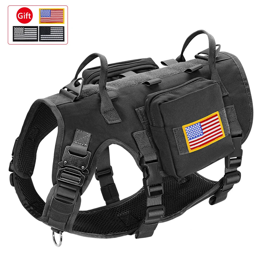 Tactical Military Dog Harness, Collar & Leash Set – Durable MOLLE Training Vest with Pouches & Flag for Large Dogs