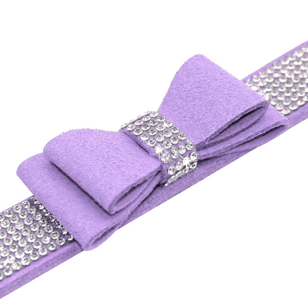 Bling Rhinestone Dog Collar with Bowknot – Adjustable Suede Collar for Small & Medium Pets