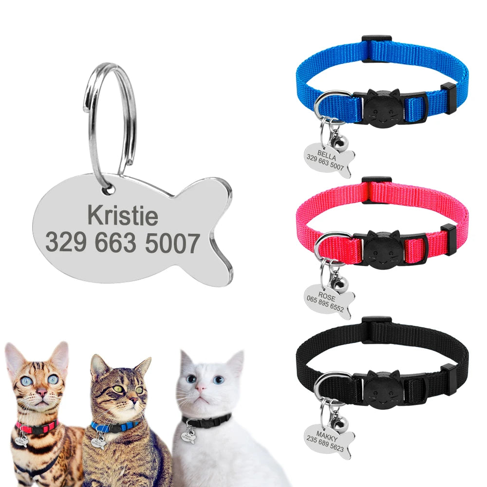 Personalized Cat Collar with Engraved Fish Tag – Adjustable Nylon Collar for Cats & Small Dogs