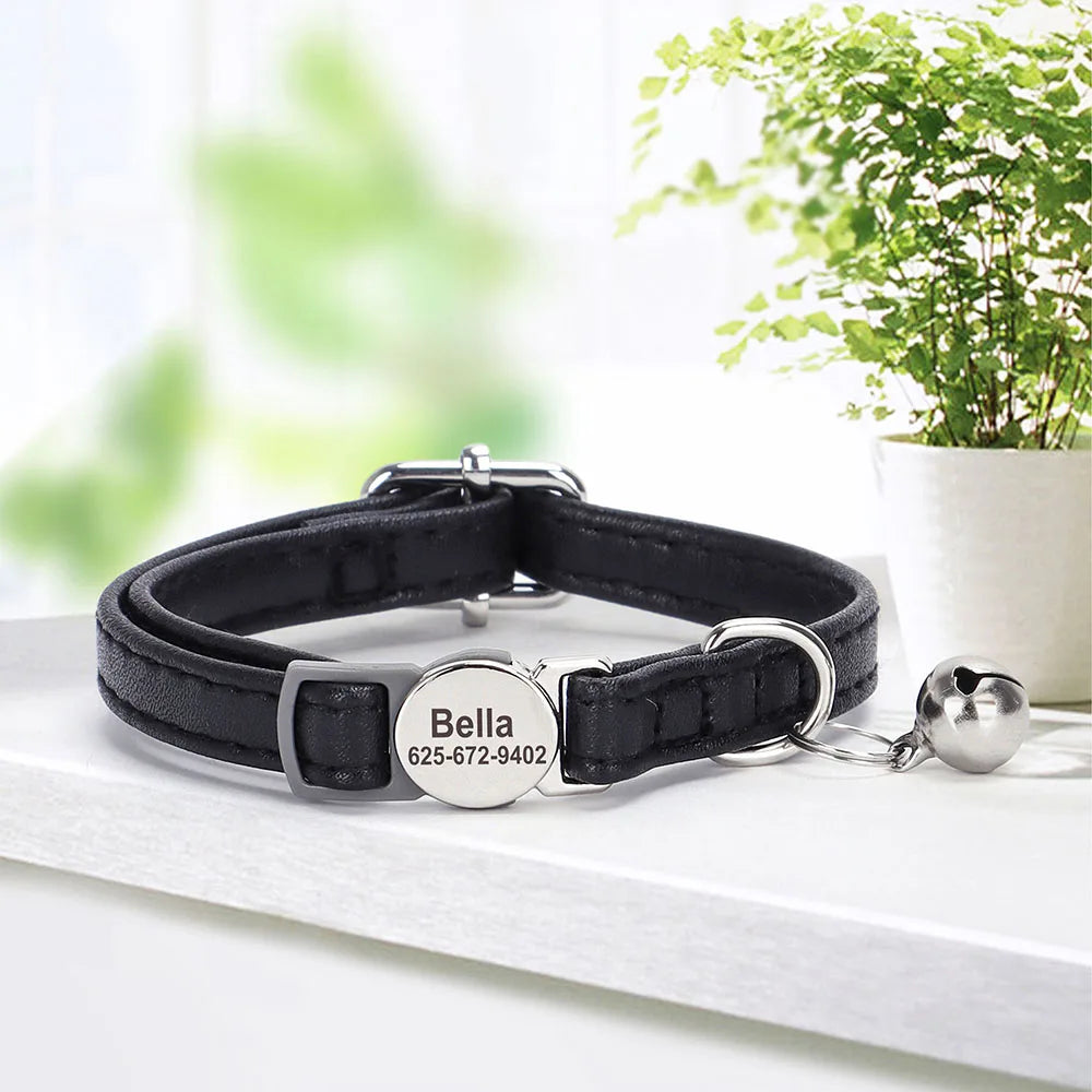 Personalized Cat Collar – PU Leather Adjustable Kitten & Puppy Collar with Engraved ID Nameplate & Bell, Anti-Lost Pet Collar