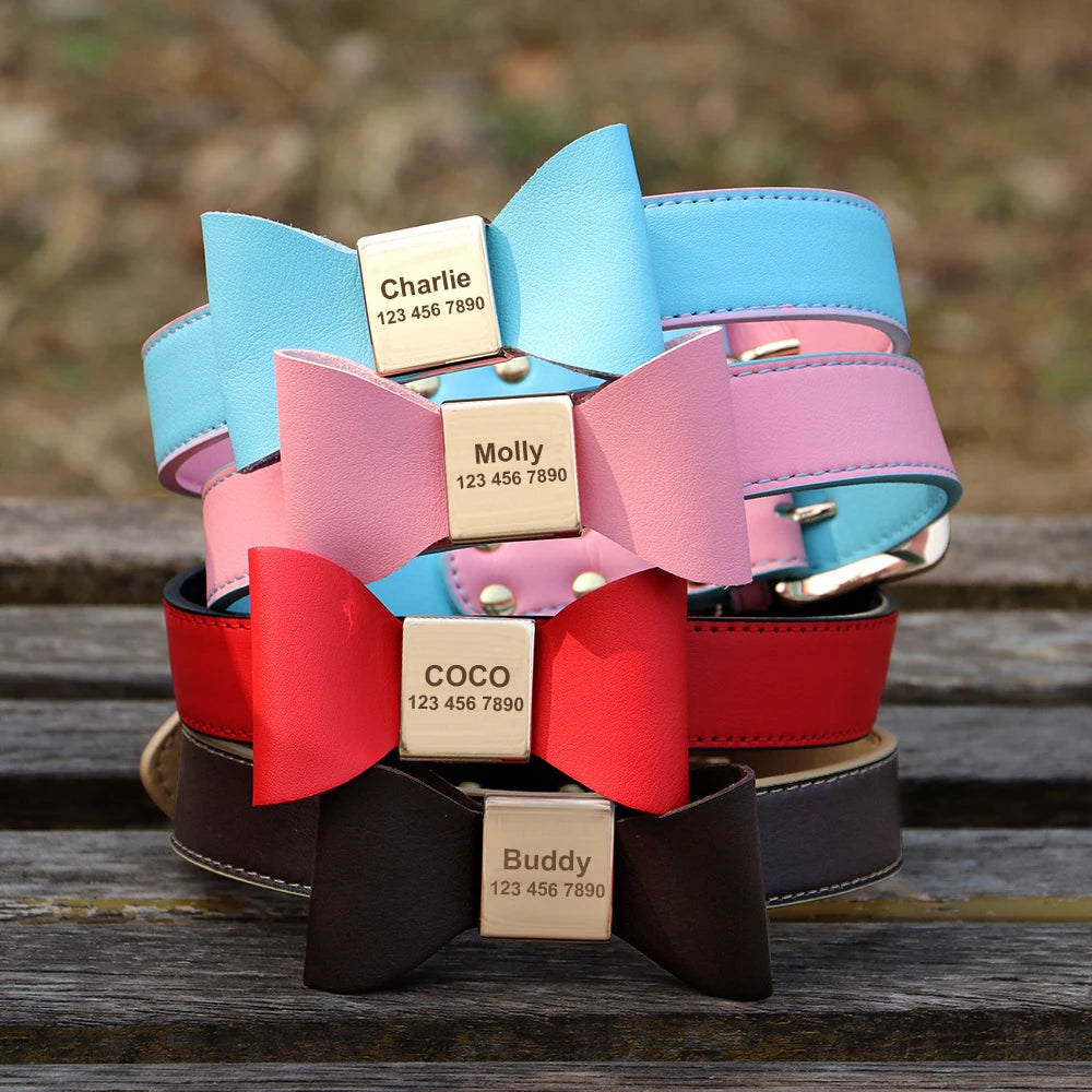 Personalized Dog Collar Customized Leather Pet ID Name Collar With Bowknot Free Engraved For Small Medium Dogs Cats Pet Supplies
