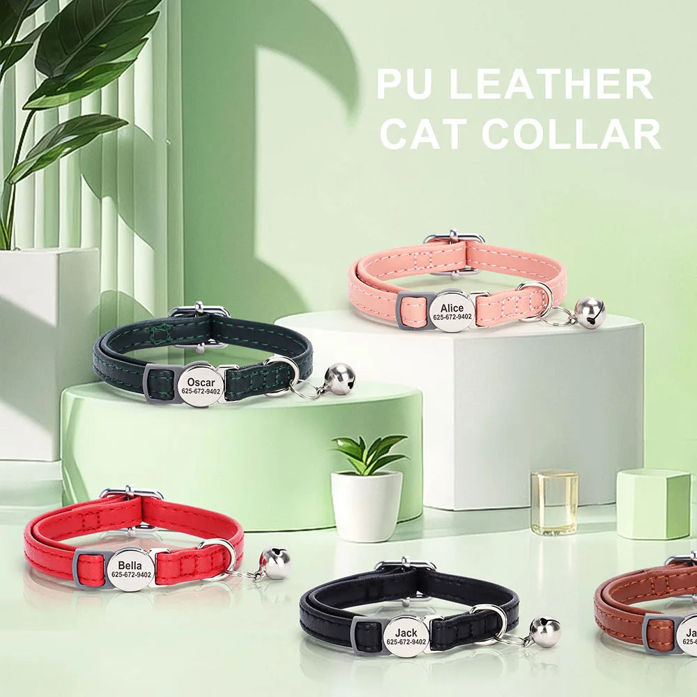 Personalized Cat Collar – PU Leather Adjustable Kitten & Puppy Collar with Engraved ID Nameplate & Bell, Anti-Lost Pet Collar