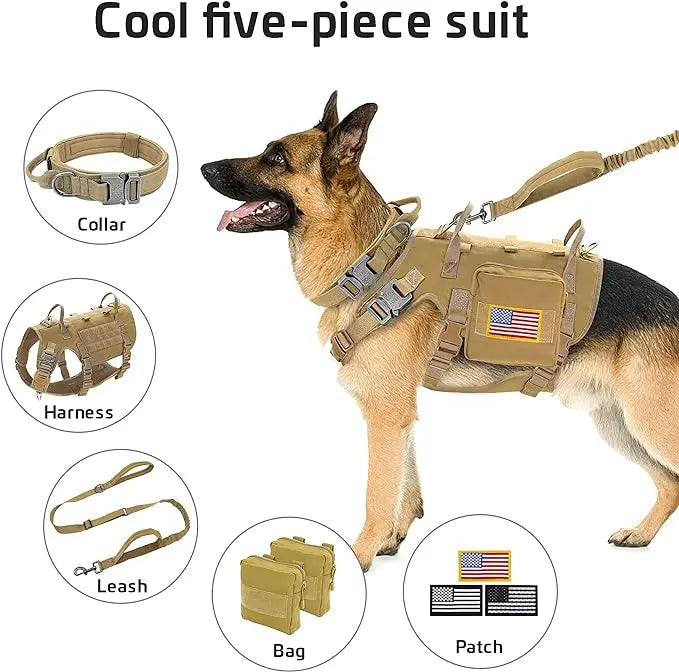 Tactical Military Dog Harness, Collar & Leash Set – Durable MOLLE Training Vest with Pouches & Flag for Large Dogs