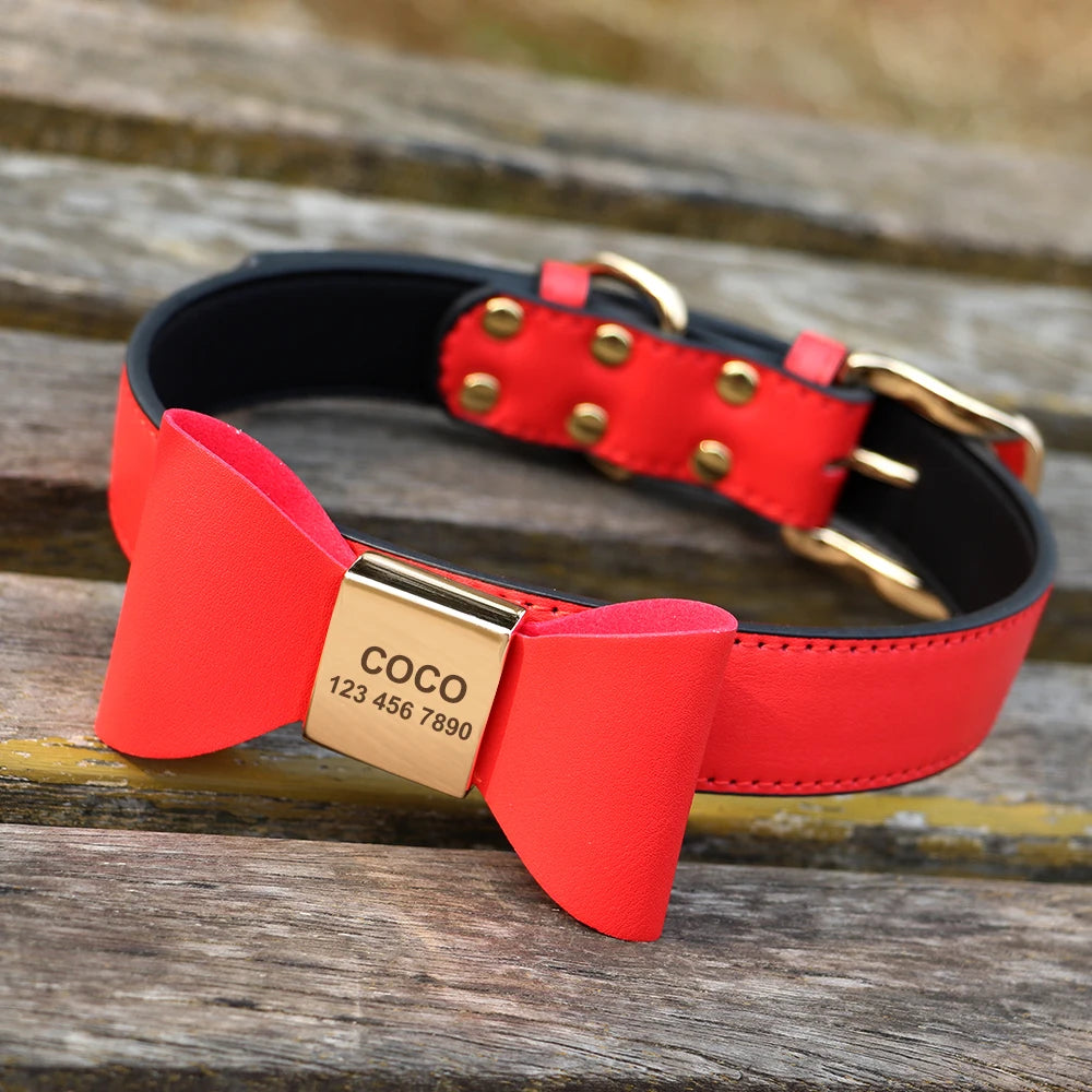 Personalized Dog Collar Customized Leather Pet ID Name Collar With Bowknot Free Engraved For Small Medium Dogs Cats Pet Supplies