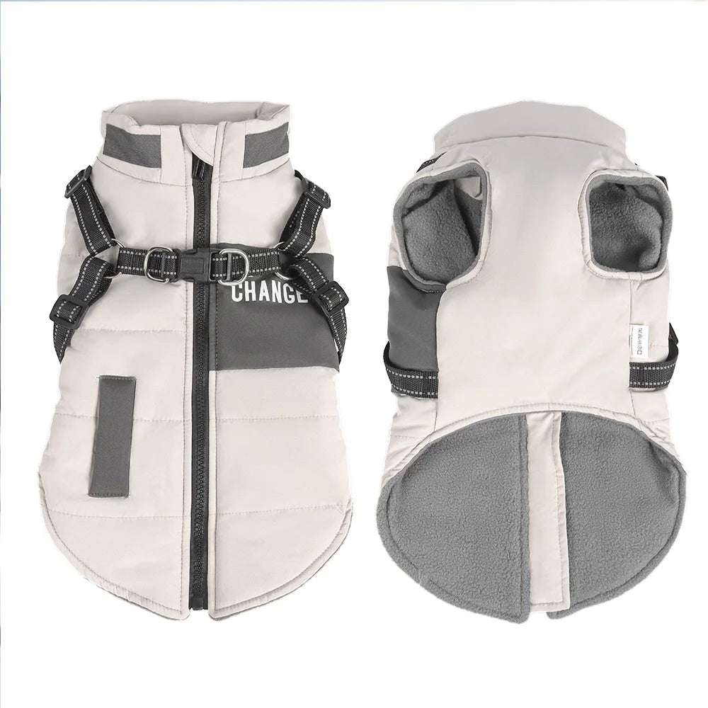 Waterproof Winter Dog Jacket with Built-In Harness & Reflective Belt
