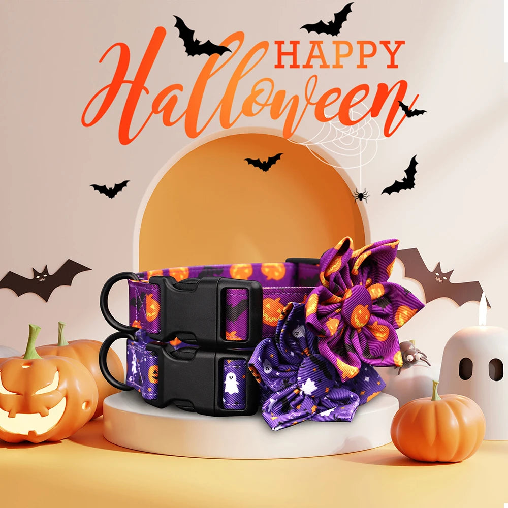 Halloween Nylon Dog Collar with Flower – Adjustable Pumpkin Pet Collar for Small Medium Large Dogs