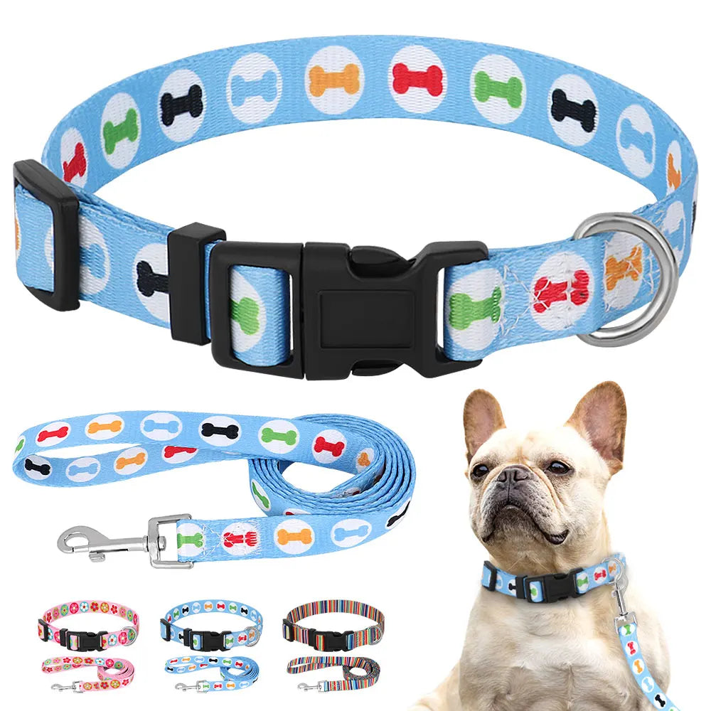 Cute Puppy Dog Collar & Leash Set – Adjustable Printed Nylon Collar with Matching Lead for Small Dogs & Cats (Flower/Bone/Striped Prints)
