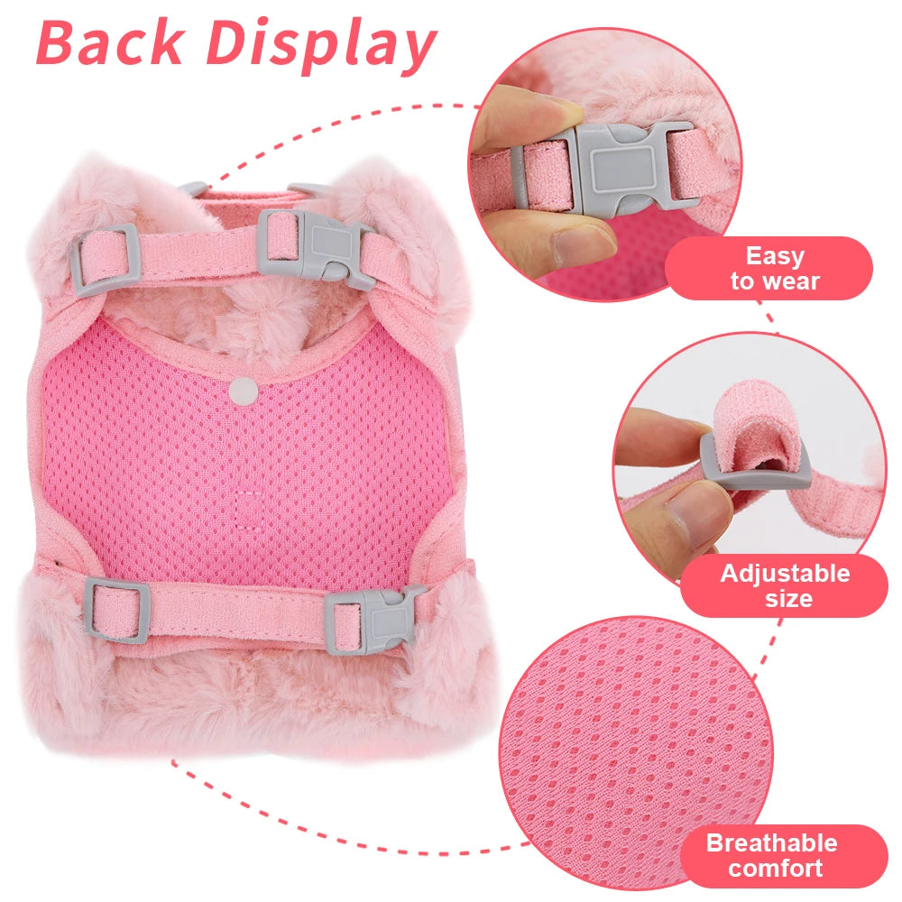 Warm Fur Dog Harness and Leash Set Rhinestone Bowknot Pet Vest Winter Pets Puppy Clothes Vest Small Dog Clothing French Bulldog