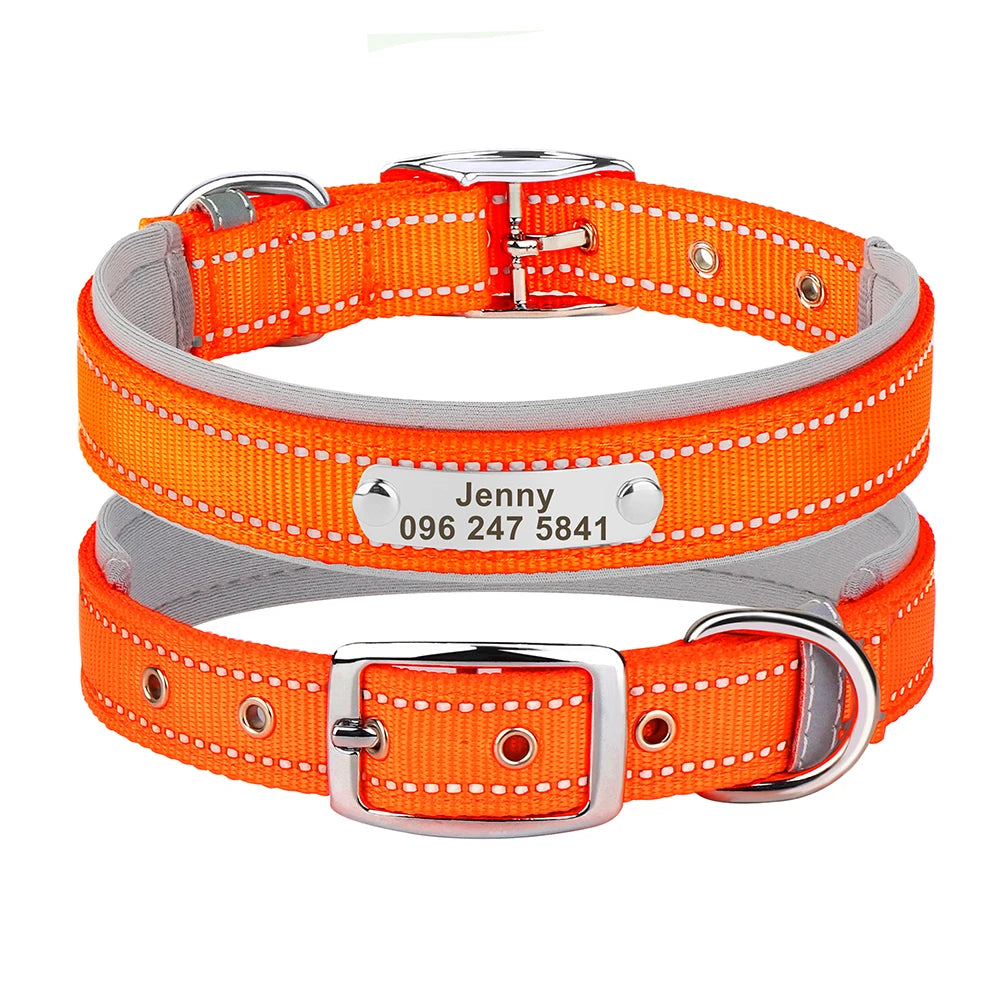 Personalized Reflective Nylon Dog Collar – Custom Engraved ID Tag for Small, Medium & Large Dogs