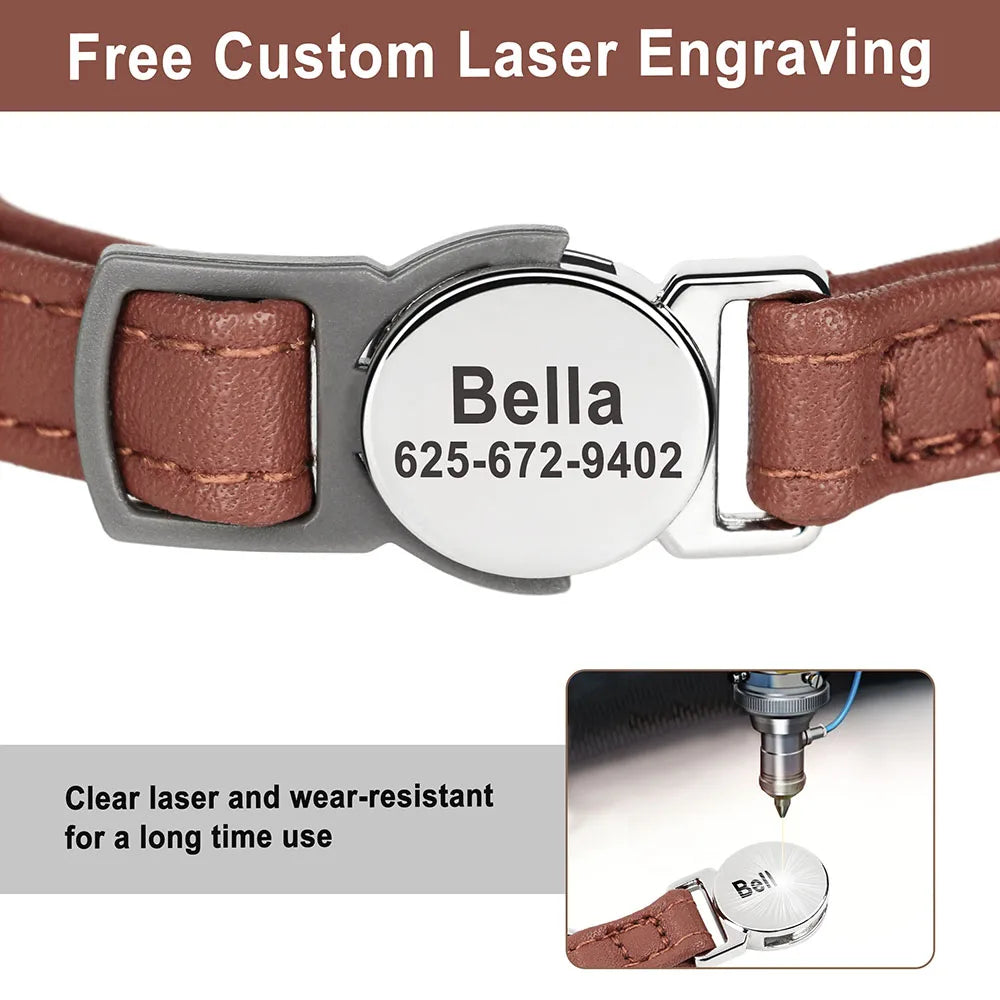 Personalized Cat Collar – PU Leather Adjustable Kitten & Puppy Collar with Engraved ID Nameplate & Bell, Anti-Lost Pet Collar