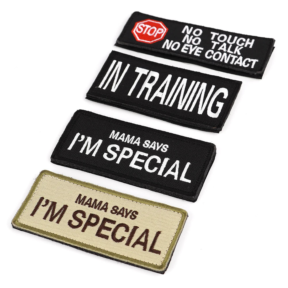 Dog Harness & Collar Patch Tags – “I’m Special”, “In Training”, “No Touch No Talk No Eye Contact”