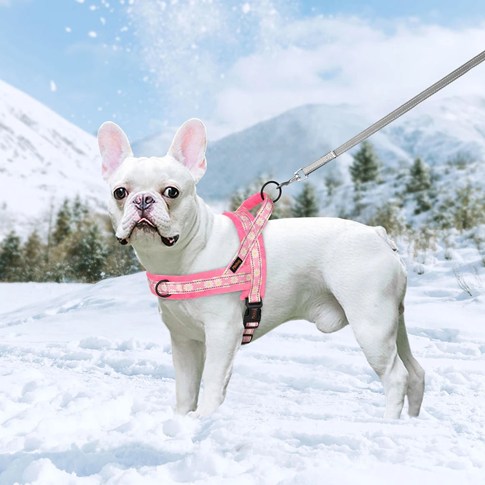 No Pull Reflective Dog Harness Winter Pet Dogs Vest Harness Warm Fur Padded Strap Harness for Medium Large Dogs Flower Print