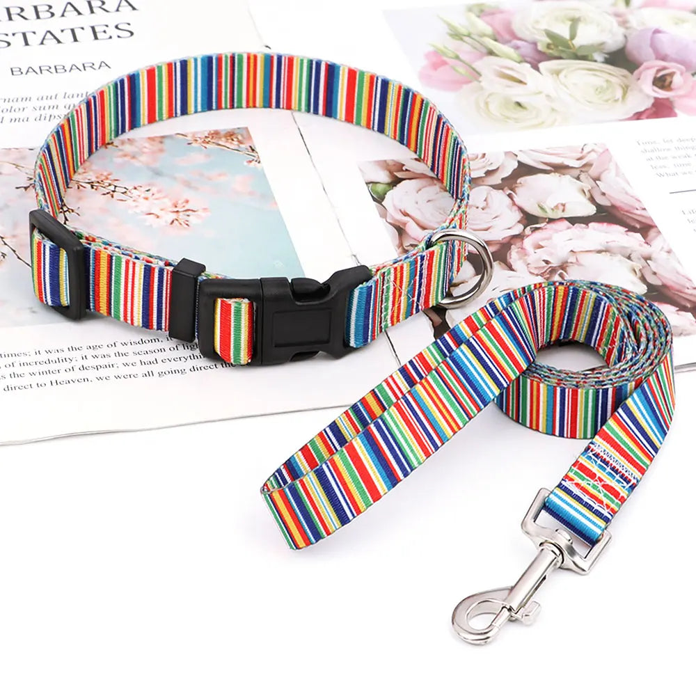 Cute Puppy Dog Collar & Leash Set – Adjustable Printed Nylon Collar with Matching Lead for Small Dogs & Cats (Flower/Bone/Striped Prints)