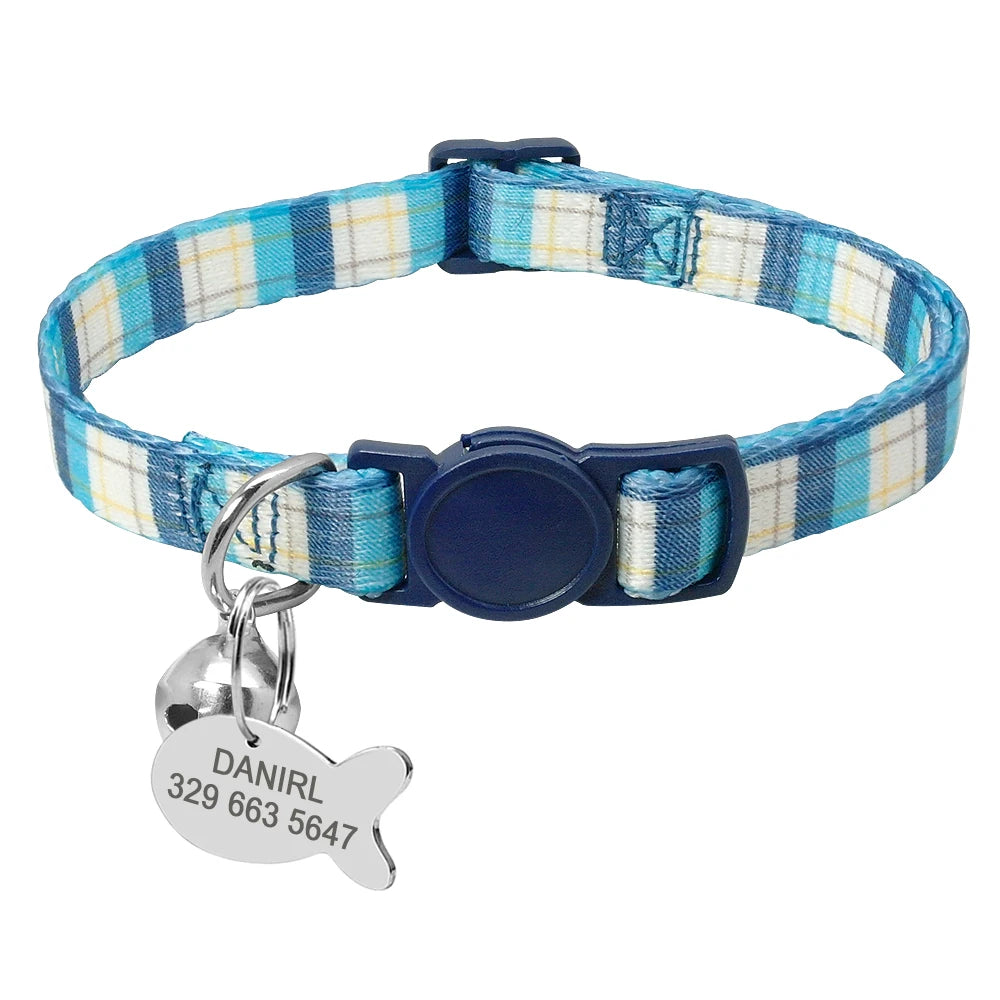 Personalized Cat Collar with Engraved Fish Tag – Adjustable Nylon Collar for Cats & Small Dogs