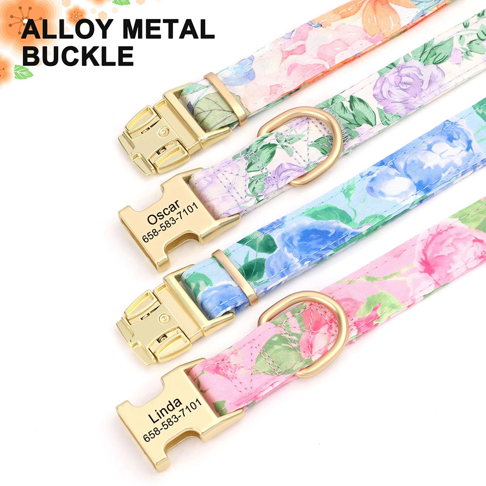 🌸 Personalized Floral Nylon Dog Collar with Free Engraving – Adjustable for Small, Medium, Large Dogs