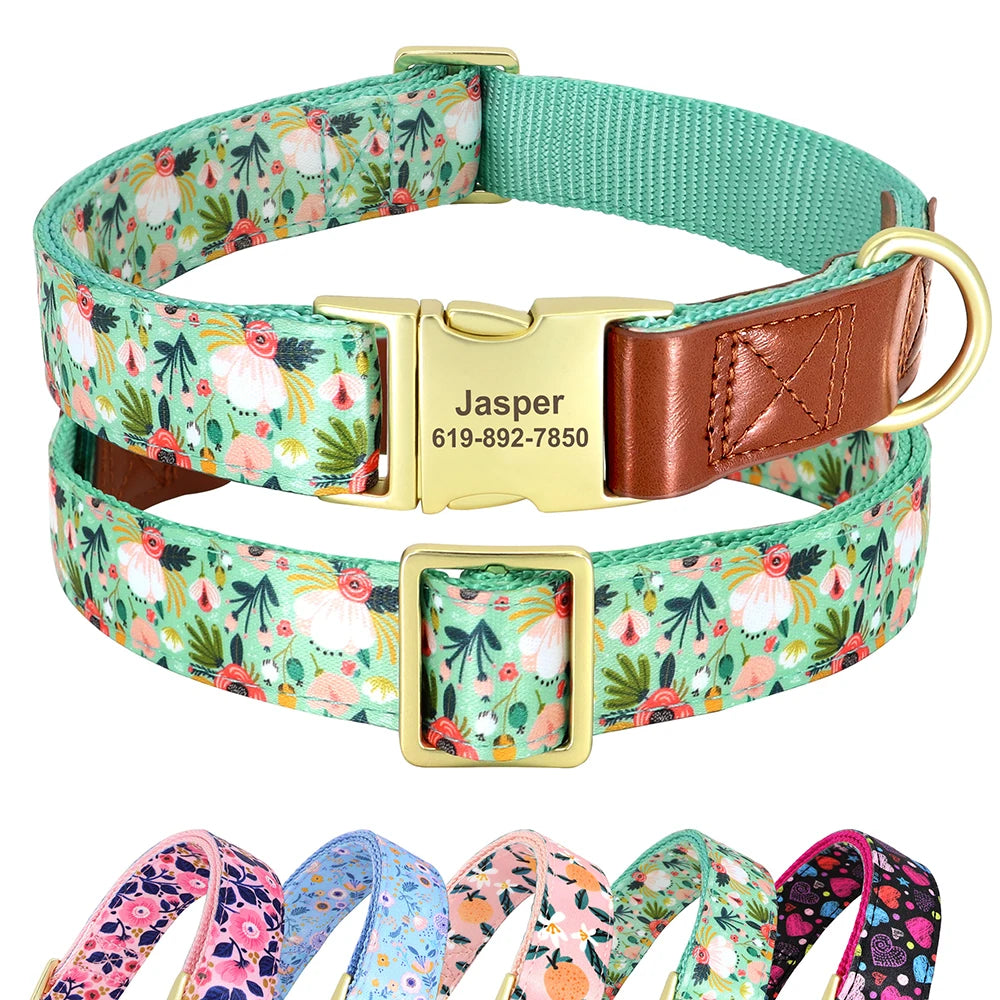 Custom Engraved Dog Collar – Adjustable Floral Buckle Collar with Anti-Lost ID Tag for Small, Medium & Large Dogs