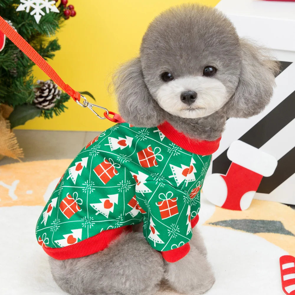 Christmas Dog T-Shirt – Holiday Outfit with Christmas Tree Pattern