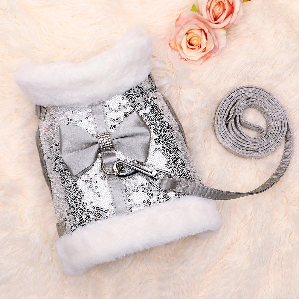 Warm Winter Dog Harness – Bling Rhinestone Fur Vest with Bowtie for Small & Medium Dogs and Cats