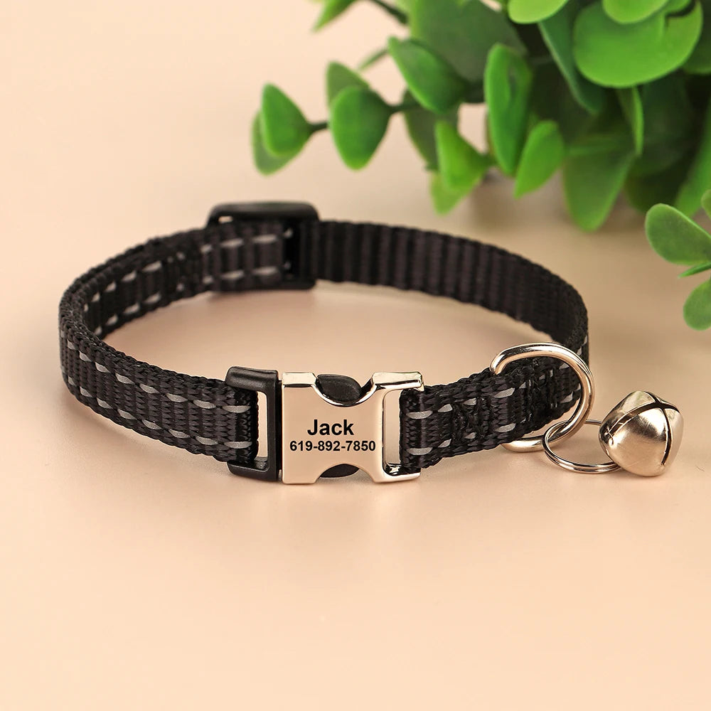 Reflective Personalized Nylon Dog & Cat Collar with Custom Engraved ID Tag & Bell – Adjustable Safety Collar for Small & Medium Pets