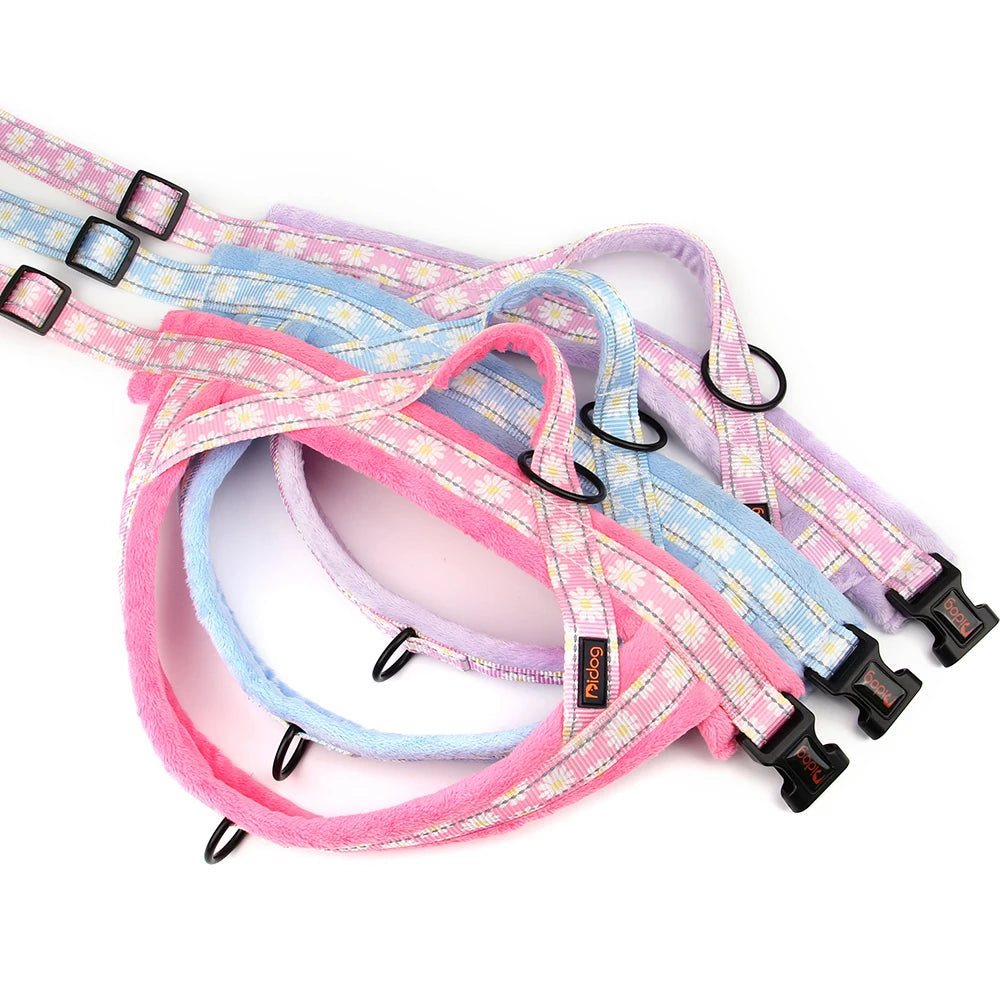 Winter Dog Harness No Pull Reflective Pet Dogs Vest Harness Warm Fur Padded Strap Harness for Medium Large Dogs Flower Print
