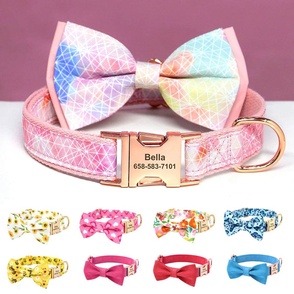 Custom Bowtie Dog Collar – Personalized Floral ID Tag with Engraved Name & Phone Number