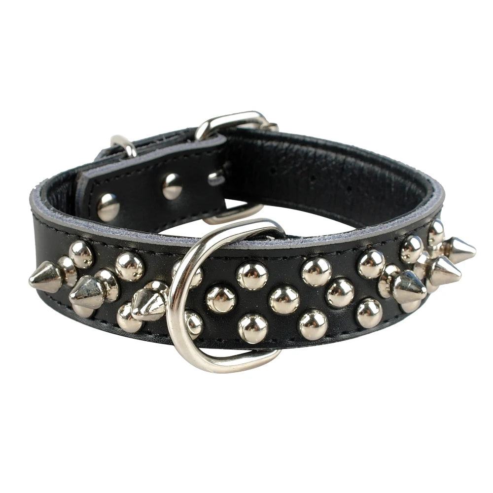 Spiked Studded Leather Dog Collar – Adjustable Anti-Bite Bulldog Collar for Small, Medium & Large Dogs