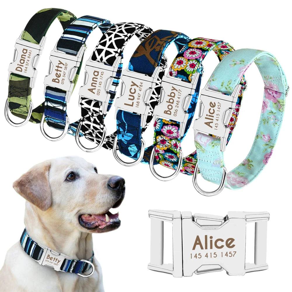 Personalized Nylon Dog Collar – Adjustable Custom Pet Collar with Engraved ID Tag for Medium & Large Dogs