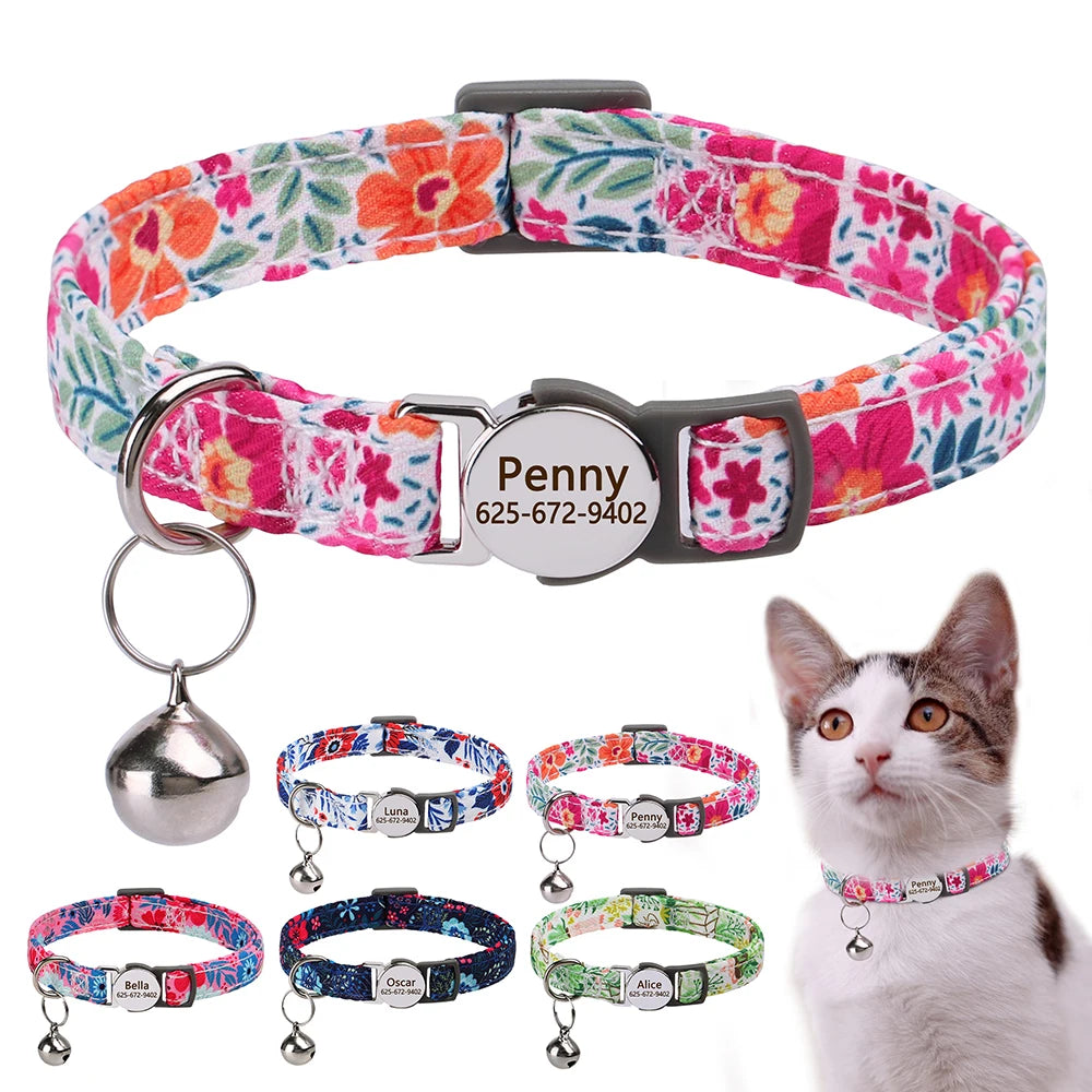 Personalized Cat/Puppy Collar with Engraved Nameplate & Bell – Adjustable Floral Design (Blue, Green, Pink, Red, Rose)
