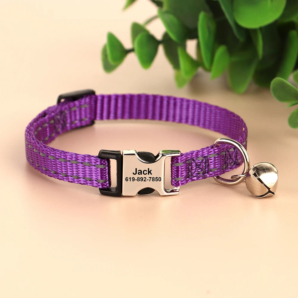 Reflective Personalized Nylon Dog & Cat Collar with Custom Engraved ID Tag & Bell – Adjustable Safety Collar for Small & Medium Pets