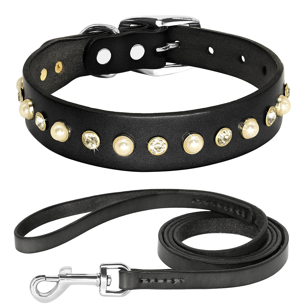 Genuine Leather Bling Collar & Leash Set – For Small & Medium Pets