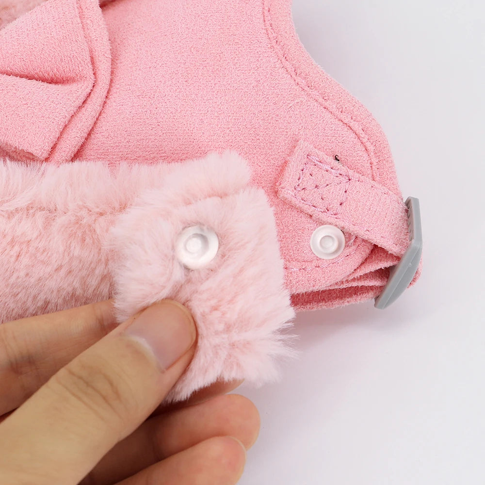 Warm Fur Dog Harness and Leash Set Rhinestone Bowknot Pet Vest Winter Pets Puppy Clothes Vest Small Dog Clothing French Bulldog