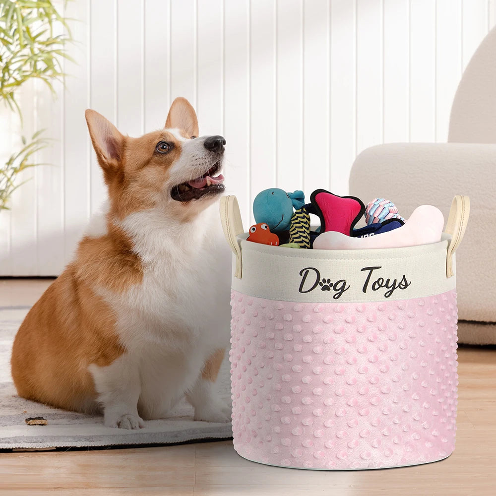 Collapsible Dog Toy Storage Basket with Handles – Large Capacity Pet Organizer Bin (Pink/Blue)