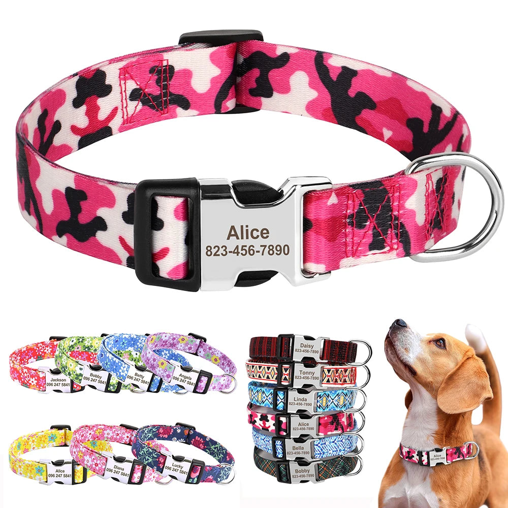 🎨 Personalized Nylon Dog Collar – Free Engraving, Adjustable Fit for Small to Large Dogs