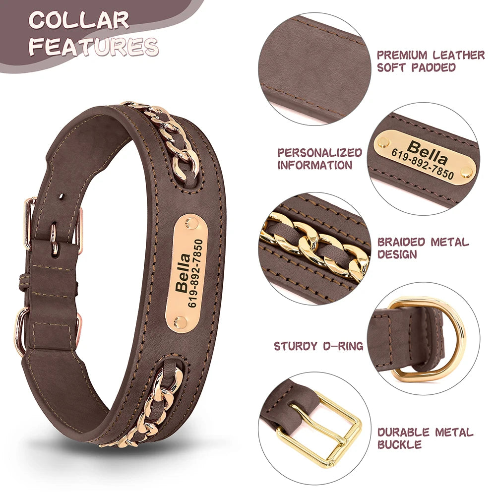 Personalized Leather Dog Collar – Custom Engraved Nameplate ID Tag for Small, Medium & Large Dogs