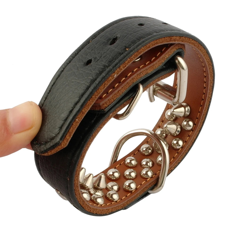 Spiked Studded Leather Dog Collar – Adjustable Anti-Bite Bulldog Collar for Small, Medium & Large Dogs