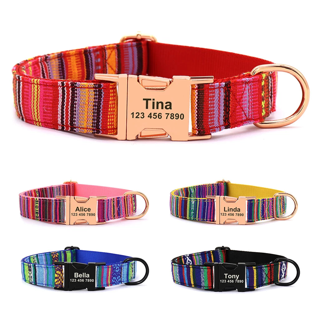 Personalized Nylon Dog Collar with Engraved Nameplate – Custom ID Tag for Small, Medium & Large Dogs