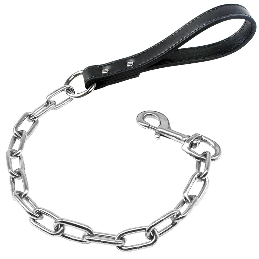 Durable Dog Chain Leash with Leather Handle – Heavy Duty Chrome Steel Pet Lead for Small & Large Dogs