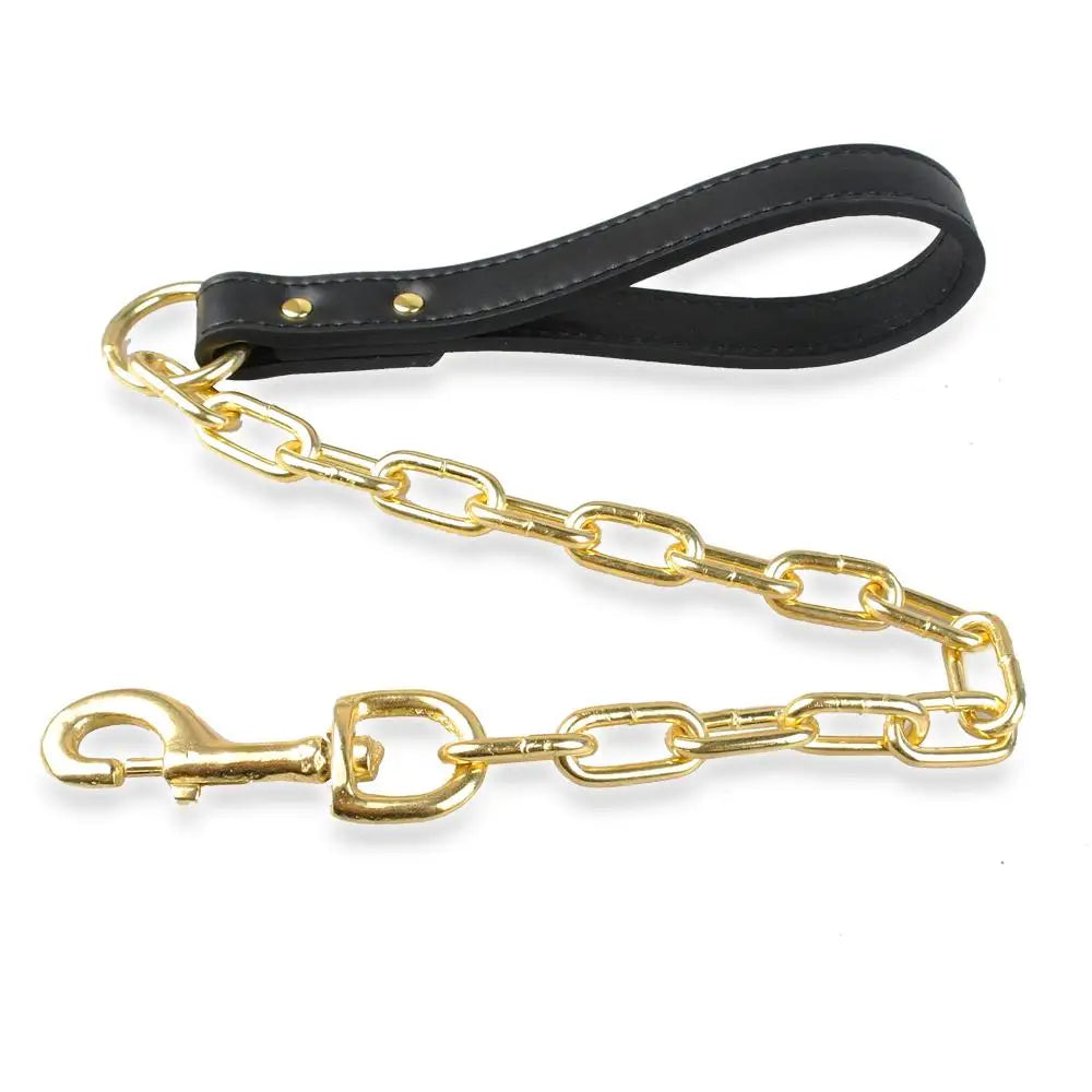 Durable Dog Chain Leash with Leather Handle – Heavy Duty Chrome Steel Pet Lead for Small & Large Dogs