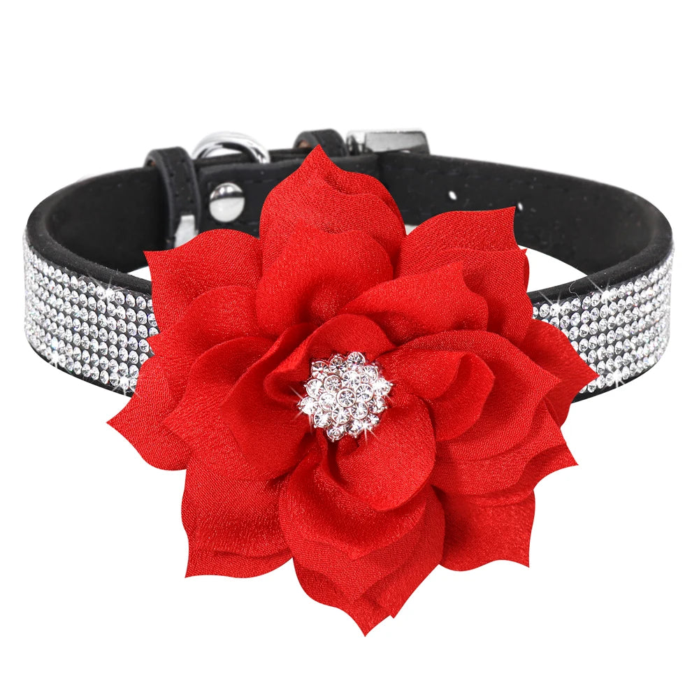 Bling Rhinestone Dog Collar with Flower – Sparkly Crystal Puppy & Cat Necklace for Chihuahua, Yorkie, Poodle