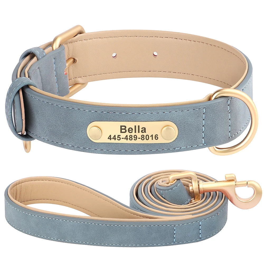 Custom PU Leather Dog Collar & Leash Set – Personalized Engraved Nameplate ID Tag for Small & Medium Dogs