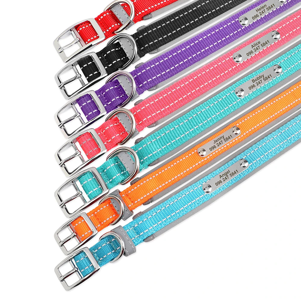 Personalized Reflective Nylon Dog Collar – Custom Engraved ID Tag for Small, Medium & Large Dogs