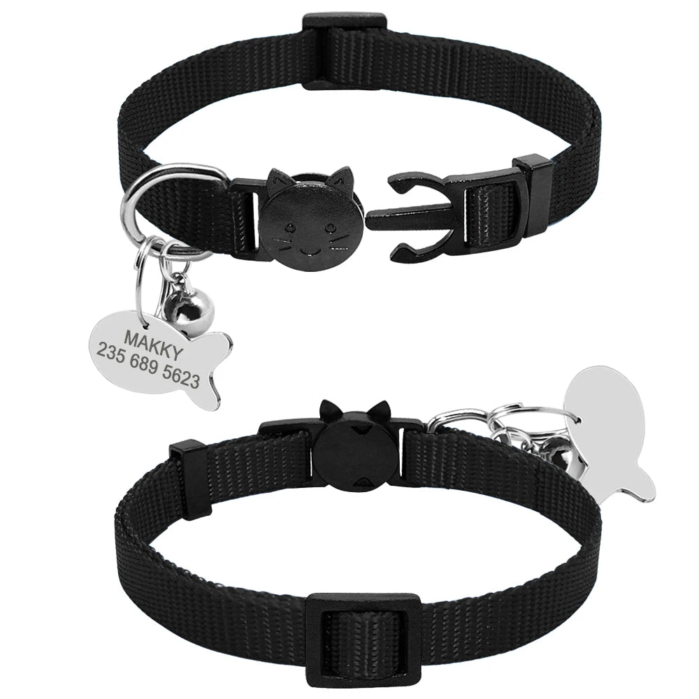 Personalized Cat Collar with Engraved Fish Tag – Adjustable Nylon Collar for Cats & Small Dogs