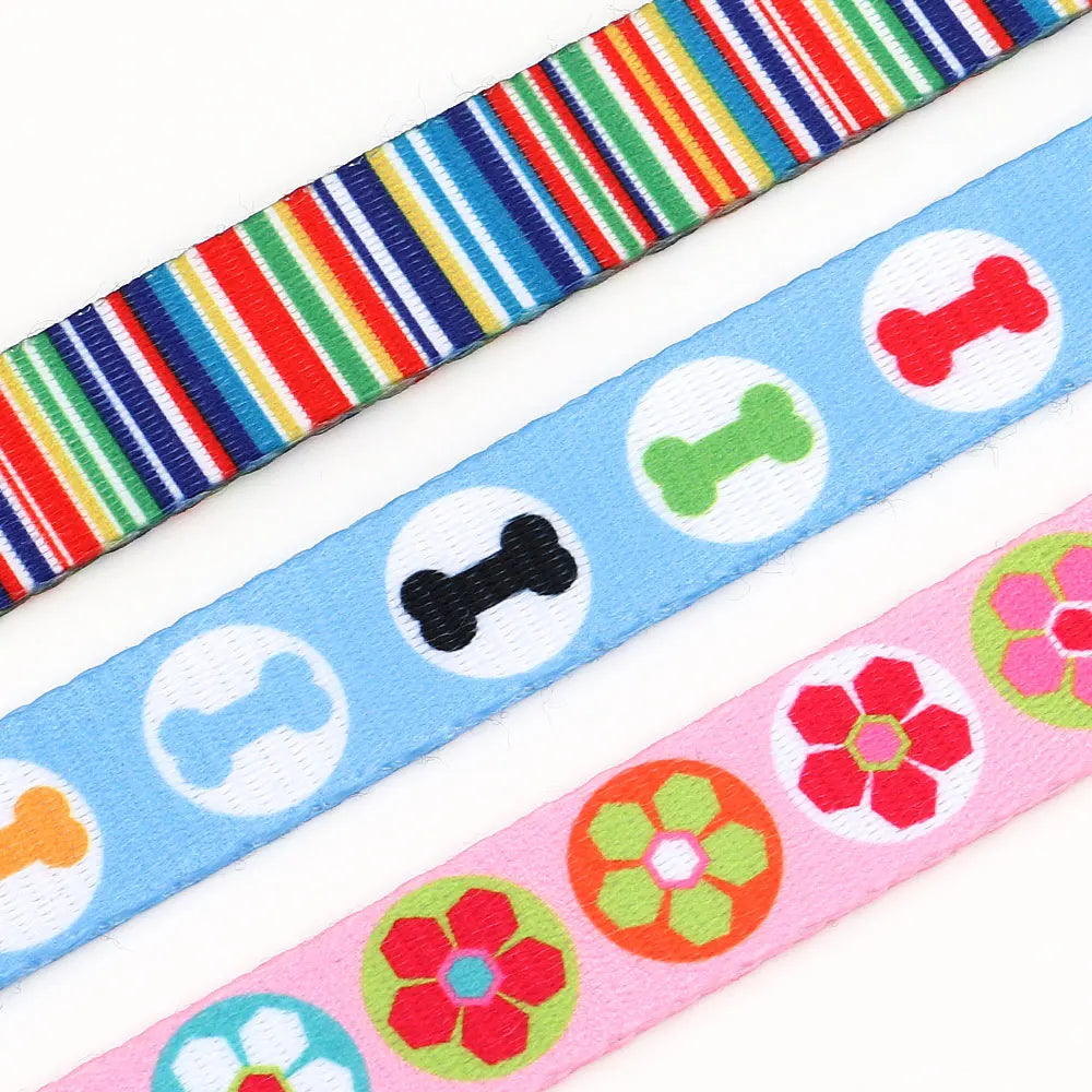 Cute Puppy Dog Collar & Leash Set – Adjustable Printed Nylon Collar with Matching Lead for Small Dogs & Cats (Flower/Bone/Striped Prints)