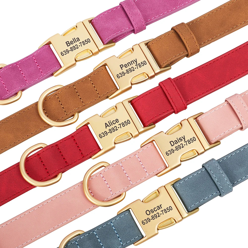 Custom Engraved PU Leather Dog Collar – Anti-Lost ID Tag Included