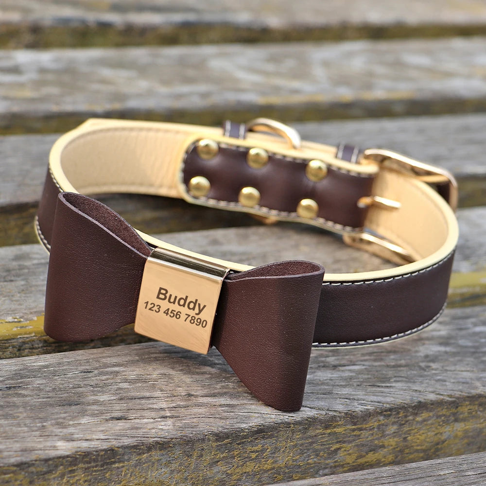 Personalized Dog Collar Customized Leather Pet ID Name Collar With Bowknot Free Engraved For Small Medium Dogs Cats Pet Supplies