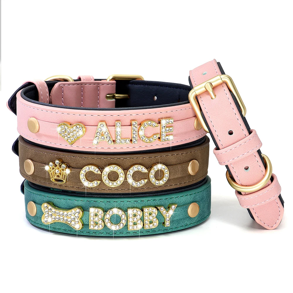 Custom Dog Name Collar – Bling Rhinestone Leather Collar with Free Charms & Personalized Letters